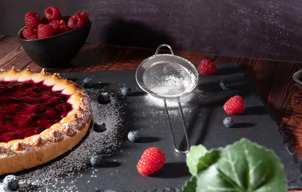 Leaves, berries, raspberry, table, blueberries, pie, bowl, still life