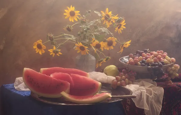 Flowers, table, watermelon, grapes, Still life in pink light