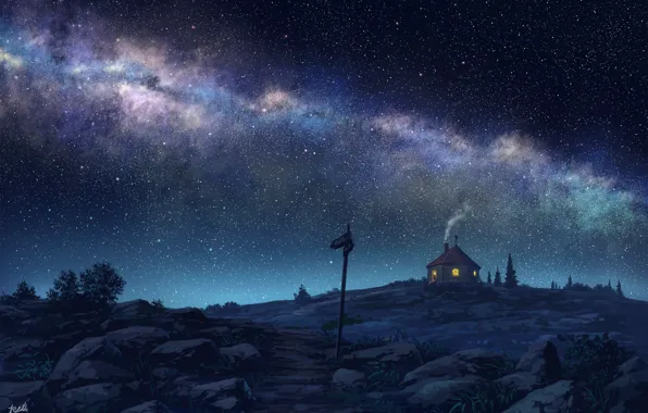 Night, house, the milky way, starry sky