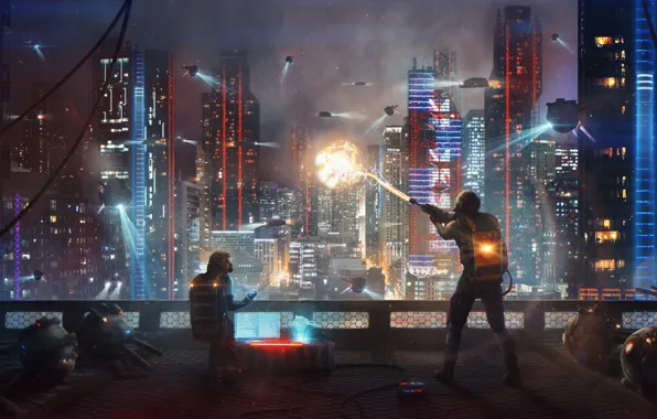 Picture science fiction, fiction, dron, drones, drone, city, Earth 2050, Hunting drones