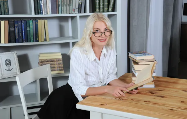 Long hair, hot girl, model, glasses, sexy woman, table, books, photoshoot