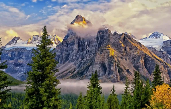 Picture the sky, clouds, snow, trees, mountains, nature, fog, rocks