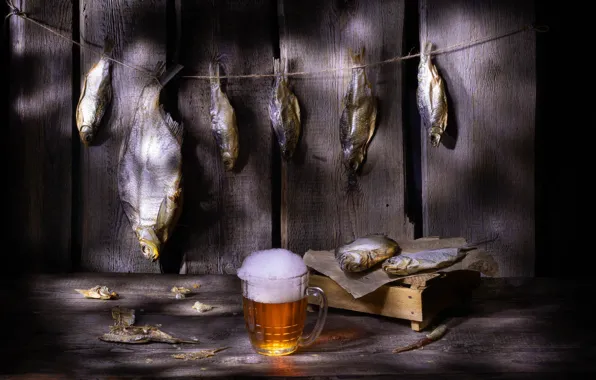 Foam, paper, Board, beer, fish, rope, mug, still life