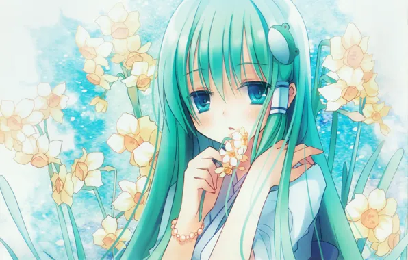 Girl, flowers, spring, barrette, daffodils, Touhou, Art Kochi Have Done