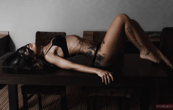 Pose, table, panties, chairs, figure, brunette, mask, tattoo