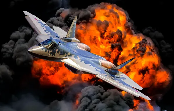 Picture the explosion, fire, flame, multi-role fighter, Videoconferencing Russia, the fifth generation fighter, Su-57, Su-57
