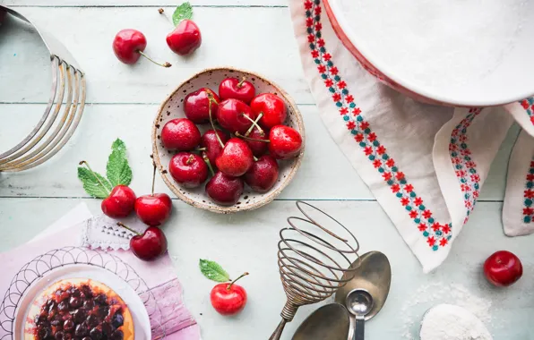 Cherry, berries, table, Board, towel, spoon, bowl, placer