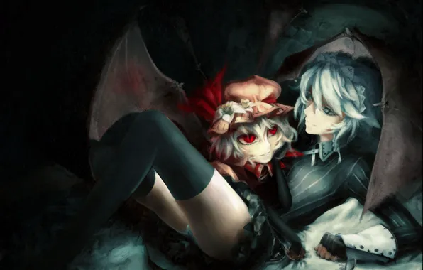 Look, smile, girls, watch, wings, the demon, hugs, touhou