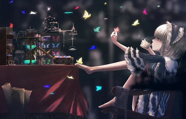 Picture girl, butterfly, mechanism, anime, art, couples, Cup, popopo5656