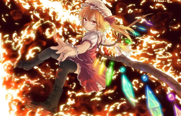 Picture look, girl, smile, fire, flame, magic, touhou, art