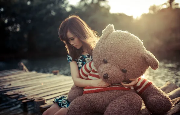 Girl, mood, bear