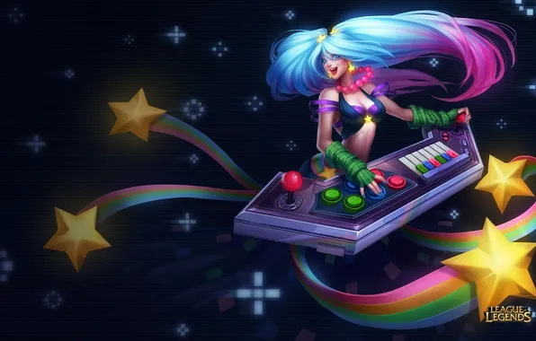 Picture girl, background, stars, League Of Legends, Sona