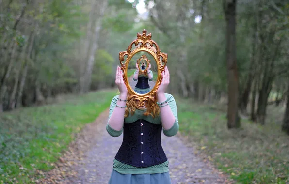 Picture forest, girl, reflection, the way, dress, mirror