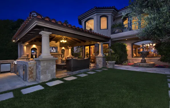 Picture night, design, lights, house, lawn, mansion