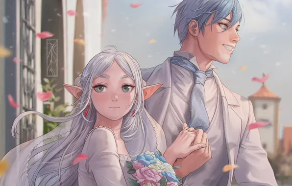 Girl, flowers, elf, fantasy, guy, wedding, Sky, Sousou no Frieren