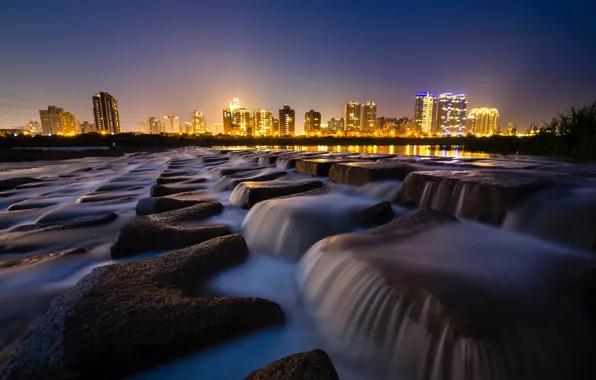 Water, night, the city, lights, stones, home
