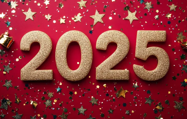 Stars, figures, New year, stars, red background, gold, date, 2025