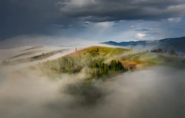 Clouds, landscape, mountains, nature, fog, hills, morning, forest