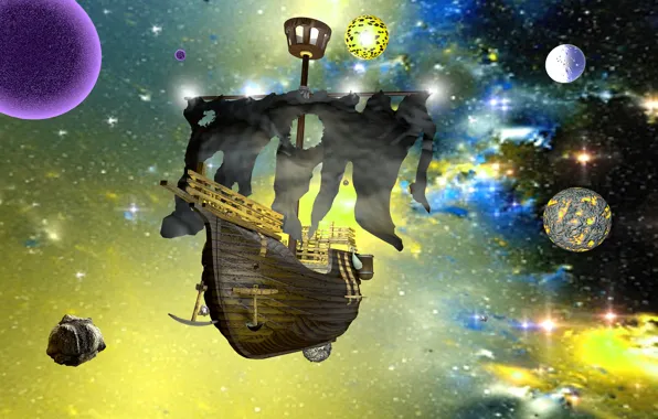 Space, rendering, planet, ship