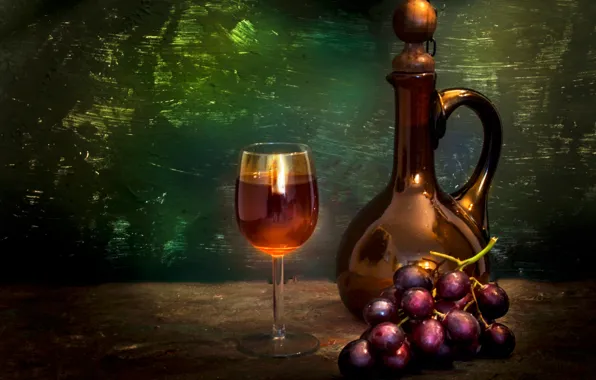 Glass, bottle, grapes, bunch, Still life