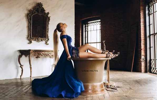 Picture Girl, interior, dress, mirror, image, legs, sitting, Nadezhda Katayeva