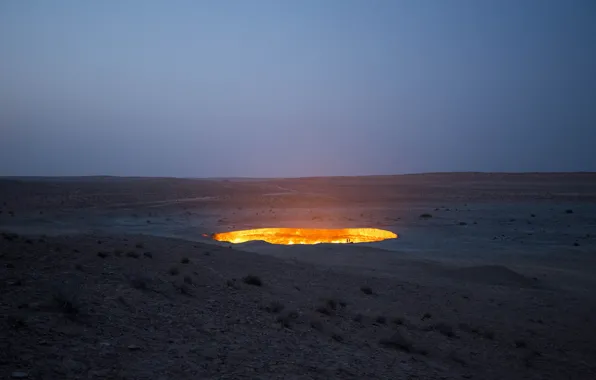 Picture the sky, fire, desert, gas, crater, twilight, Turkmenistan, Darvaz