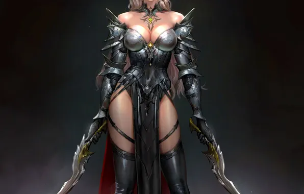 Dark, girl, sword, fantasy, cleavage, armor, red eyes, tattoo