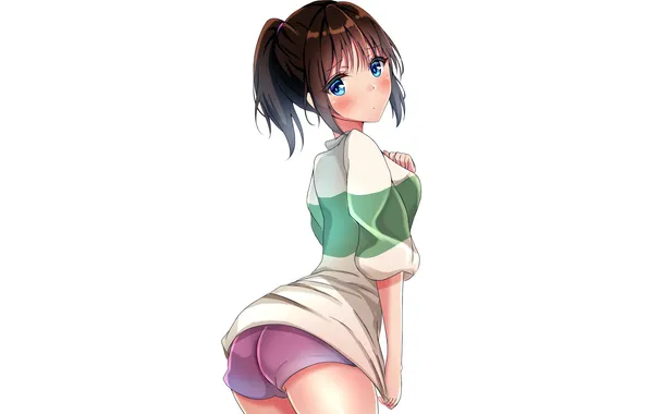 Girl, ass, shorts, brown hair, anime, blue eyes, beautiful, short hair