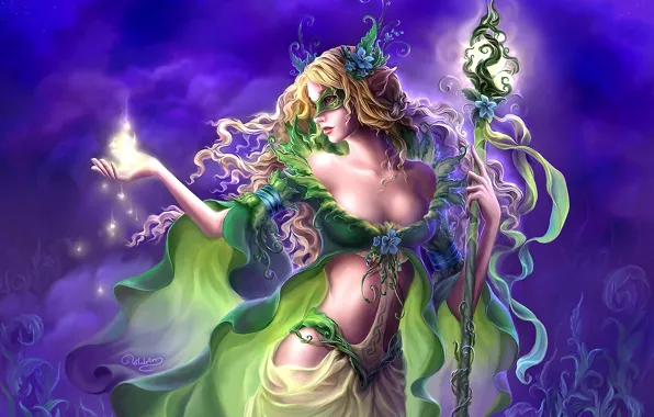 Girl, flowers, magic, elf, mask, art, staff, elf