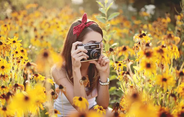 Summer, girl, flowers, camera