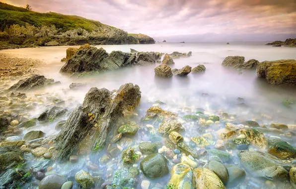 Sea, the sky, clouds, mountains, stones