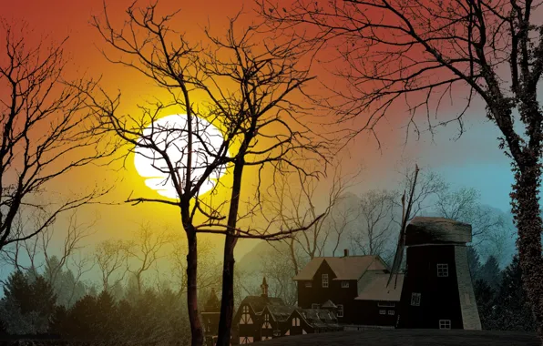 Picture the sky, trees, sunset, home, the evening, village