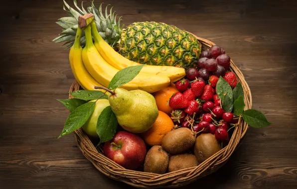 Basket, Apple, orange, kiwi, strawberry, grapes, pear, fruit