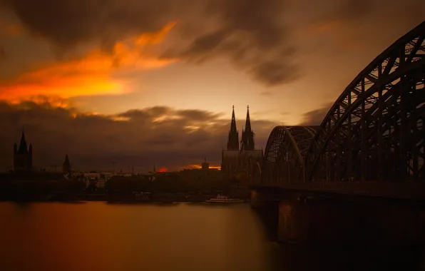 The sky, landscape, bridge, river, the evening, Germany, Cathedral, Cologne