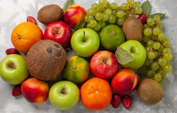 Berries, apples, coconut, kiwi, strawberry, grapes, lime, fruit