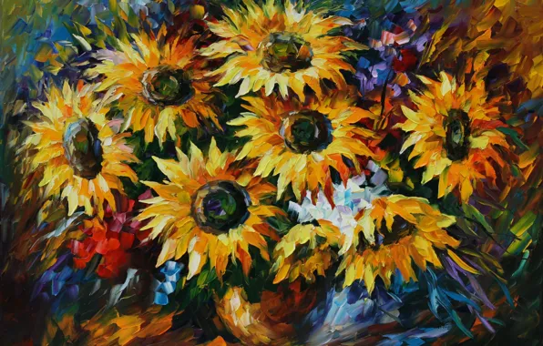 Picture sunflowers, flowers, painting, Leonid Afremov