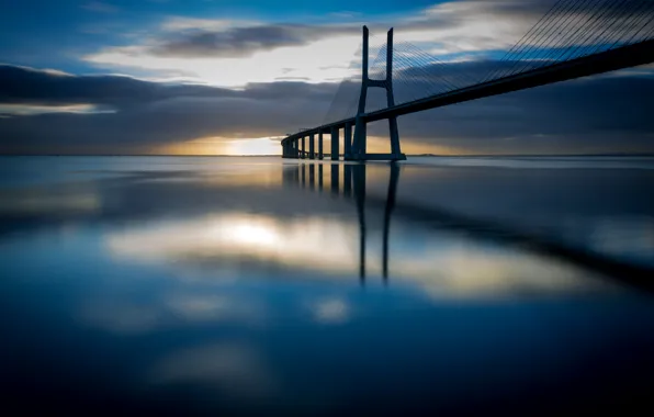 Picture sea, clouds, bridge, support, Portugal, Lisbon, Vasco da Gama