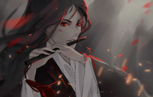 Fog, hands, sparks, flute, red eyes, long hair, abrasion, Mo Dao Zu Shi