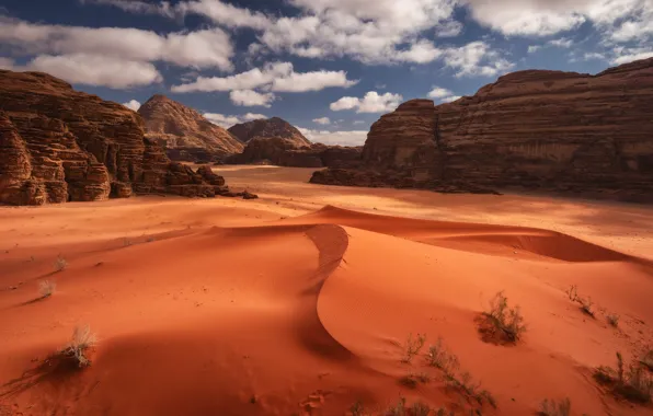 The sky, clouds, light, mountains, rocks, desert, dunes, Sands