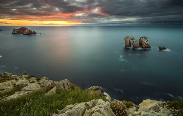 Beach, sky, sea, sunset, seascape, rocks, shore, nature landscape