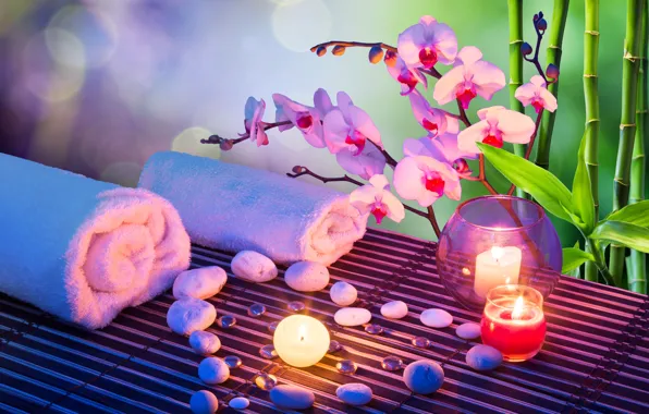 Picture flower, stones, candle, towel, bamboo, Orchid, Spa