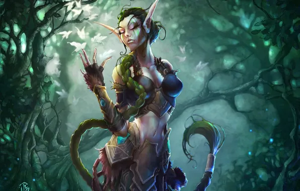 Picture girl, trees, armor, braid, wow, world of warcraft, pointy ears, ysera