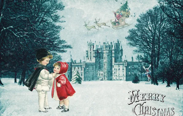 Winter, snow, trees, flight, children, Park, castle, holiday