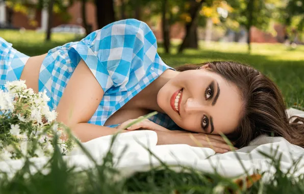 Picture grass, look, girl, nature, smile, makeup, brunette, Anton Kharisov