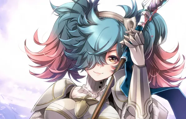 Picture girl, smile, weapons, blood, anime, art, fire emblem, pieri