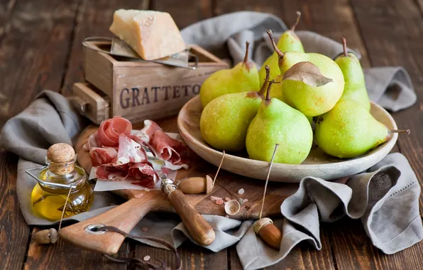 Picture cheese, still life, pear, ham