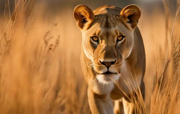 Savannah, lioness, sneaks, digital art, AI art, neural network, the art of artificial intelligence