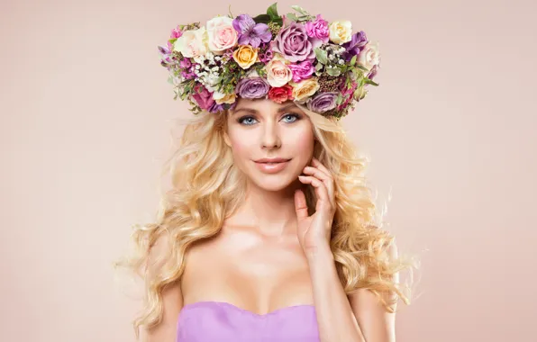 Picture girl, flowers, model, portrait, hairstyle, blonde, wreath, Inara Prusakova