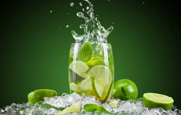Ice, squirt, green, background, glass, cocktail, lime, citrus