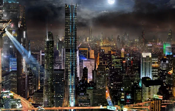 Picture advertising, panorama, night city, skyscrapers, floodlight